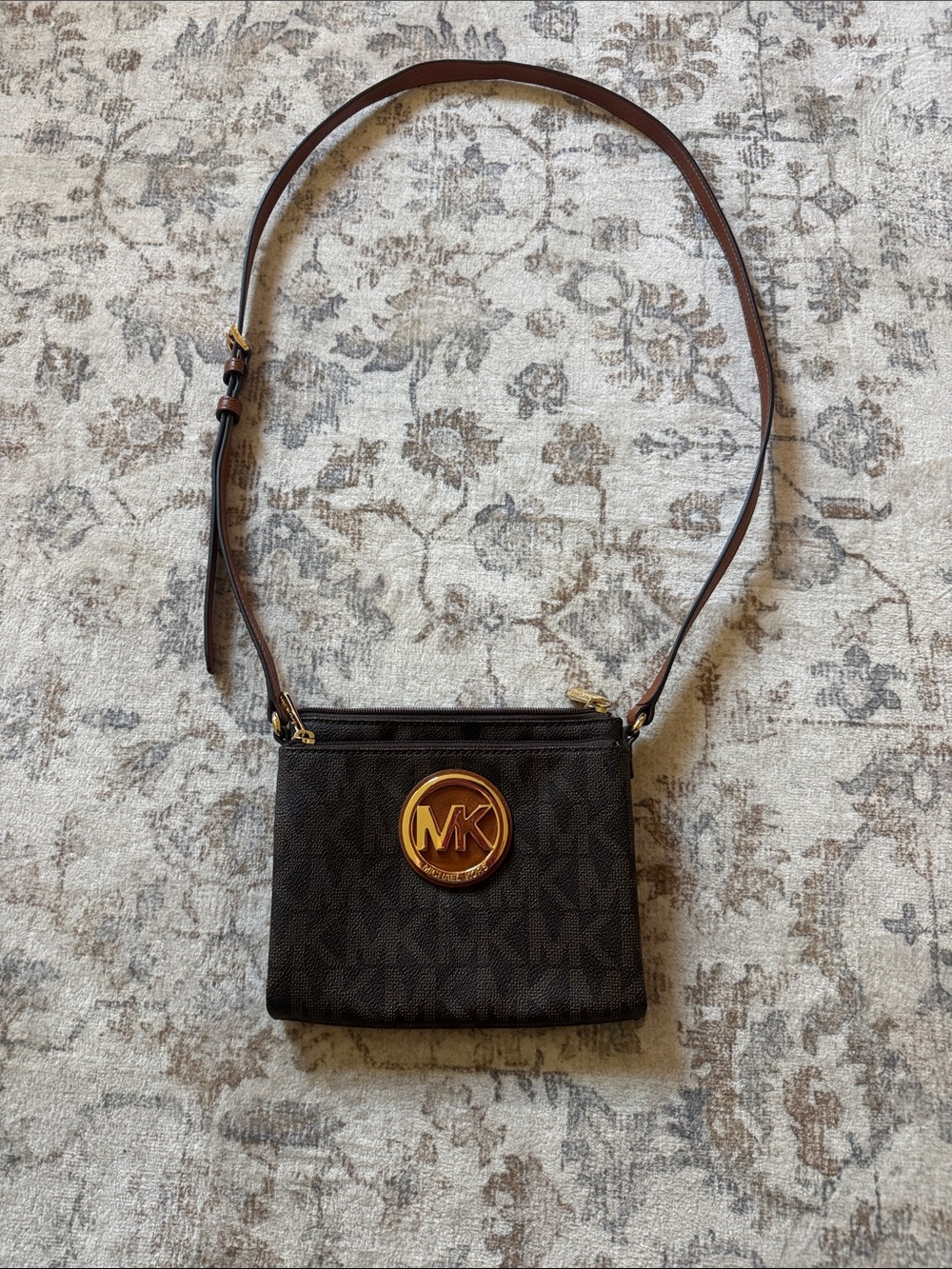Michael Kors Dark Brown Logo Crossbody with Gold Emblem